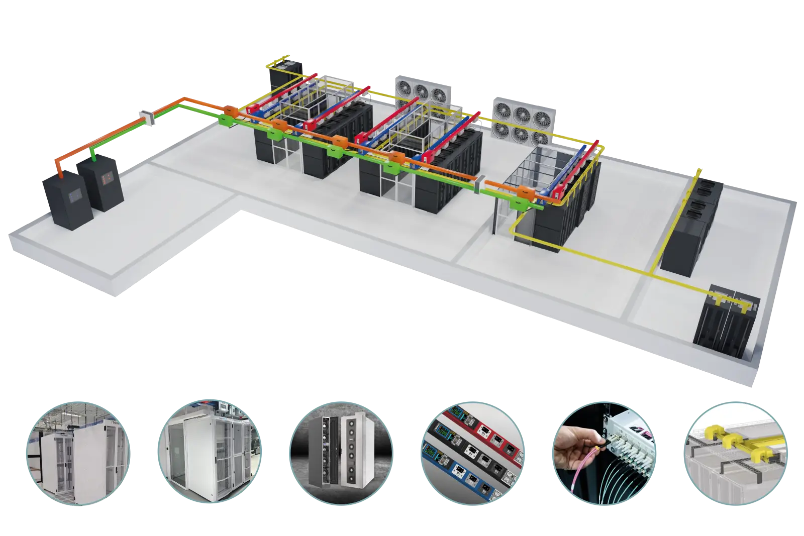 schéma d’architecture de data center avec distribution des équipements et câblage