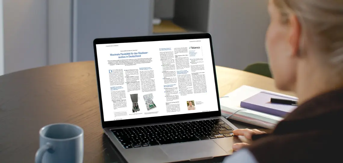 Telenco blog article about fiber optic deployment flexibility displayed on a laptop screen.