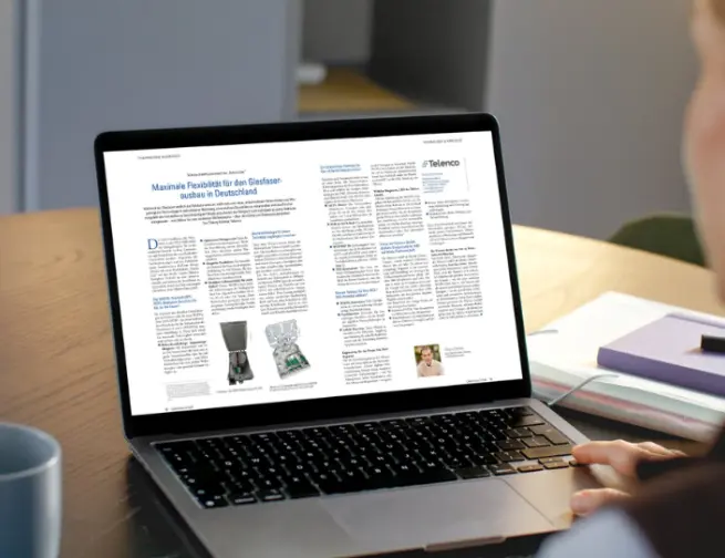 Telenco blog article about fiber optic deployment flexibility displayed on a laptop screen.